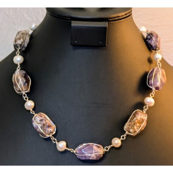 Chunky Wired Purple Lace Agate & Amethyst Fresh Water Pearl Sterling Necklace - Picture 1 of 9